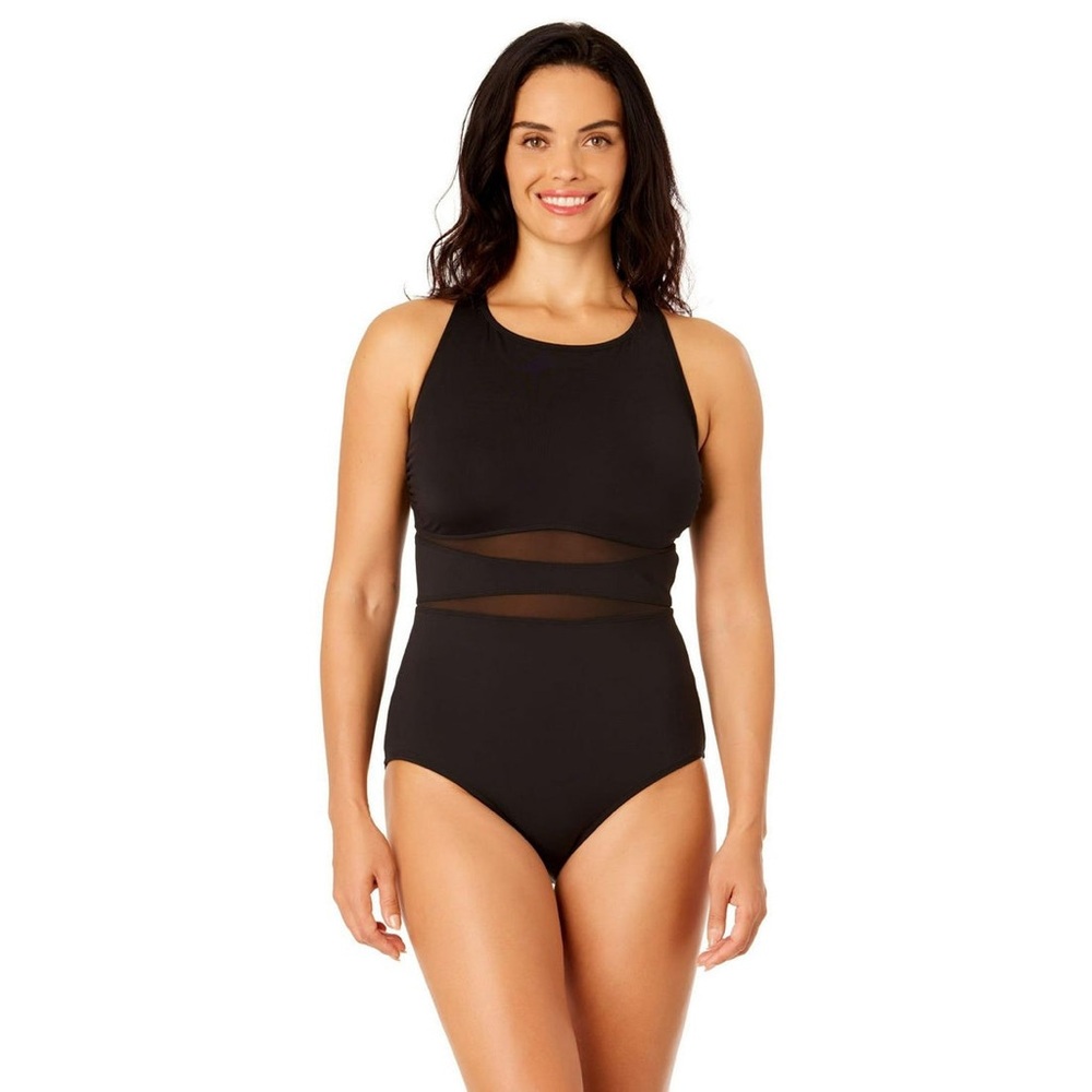Land’s End Mesh One Piece Swimsuit Women’s Medium Black - Tummy Control UPF 50